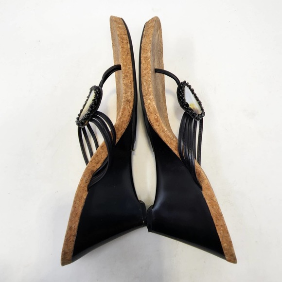 Kenneth Cole Reaction Black Leather Wedge Thong Sandals 9M Shell Beaded Cork Bed - Picture 8 of 9